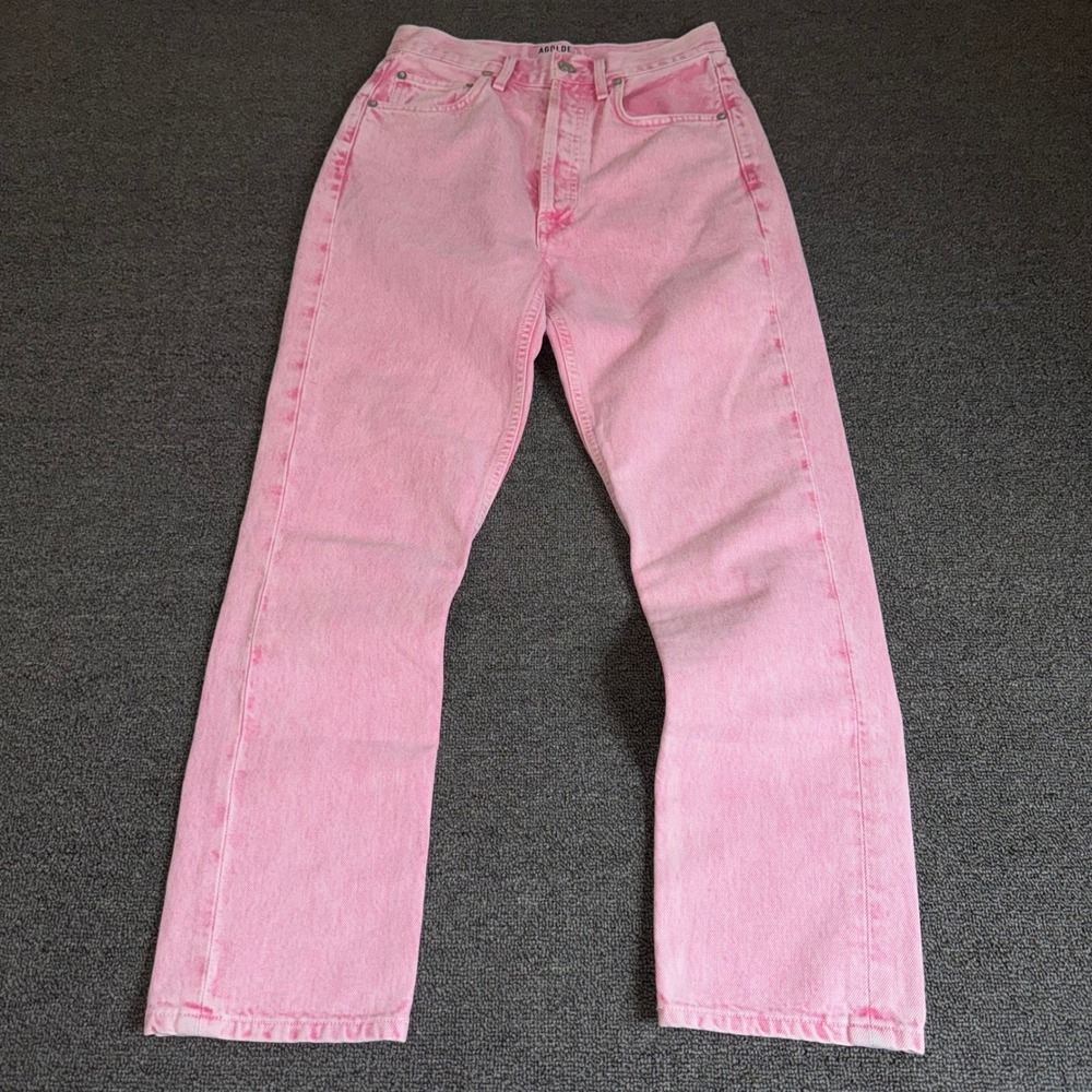 AGOLDE Riley High Rise Straight Leg Jeans Pink Acid Wash Sz 24 Preppy Streetwear